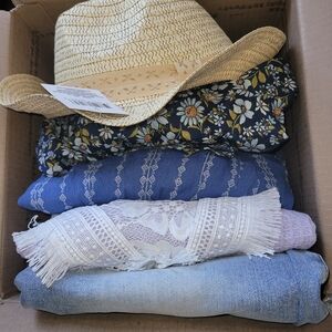 Mystery box Assorted Clothing Floral and Denim Clothing Bundle with Straw Hat